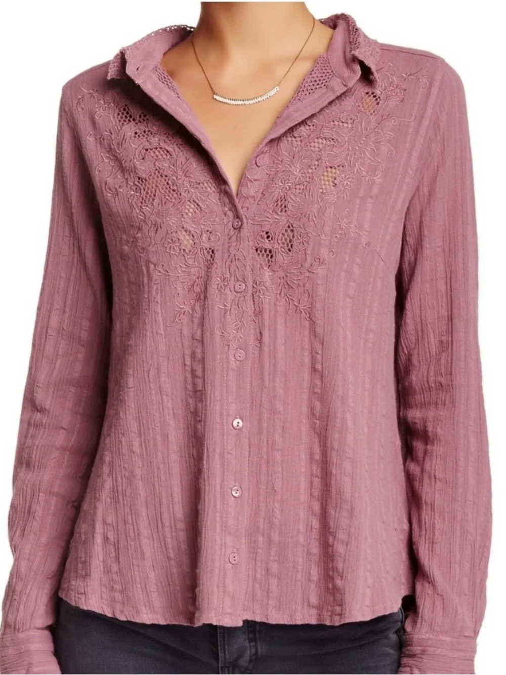 Free People Purple Carter Dobby Lace-Embroidered Button Down Blouse